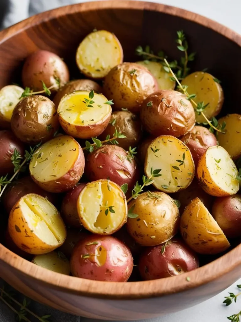 A large wooden bowl filled with roasted red potatoes. Some of the potatoes are halved and seasoned with herbs. Fresh thyme sprigs are scattered throughout.