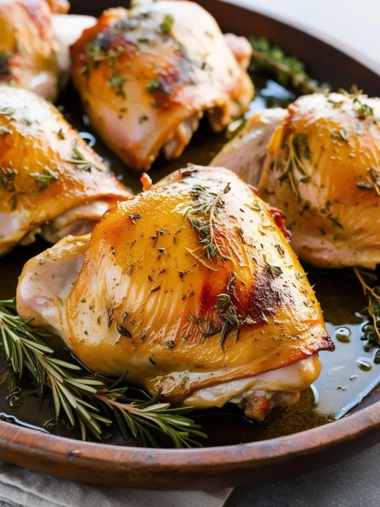 A close-up image of golden-brown roasted turkey thighs on a wooden platter. The thighs are seasoned with herbs like rosemary and thyme, and the skin is crispy and golden. The image looks incredibly appetizing and perfect for a holiday meal.