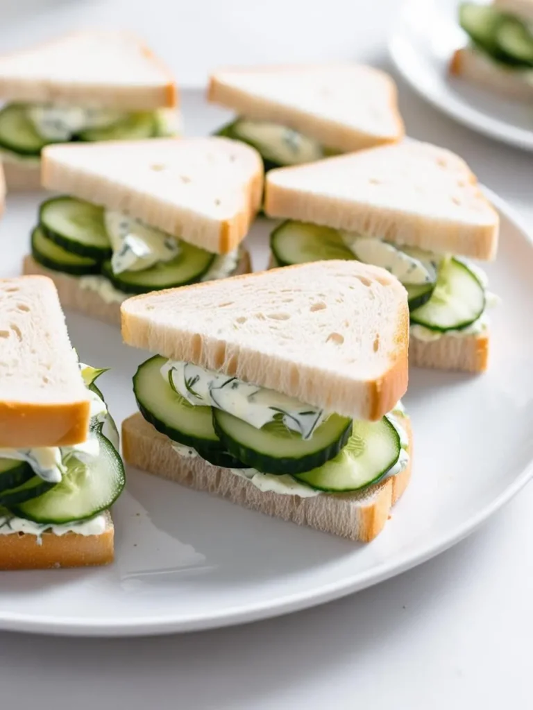 A plate of dainty cucumber tea sandwiches. Each sandwich is made with two thin slices of white bread filled with a light green cucumber and dill filling. The sandwiches are neatly arranged on a white plate.