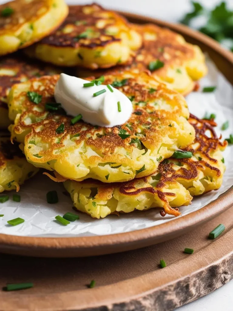 A stack of golden brown potato pancakes on a wooden plate. One of the pancakes is topped with sour cream and chives, adding a touch of freshness and flavor.