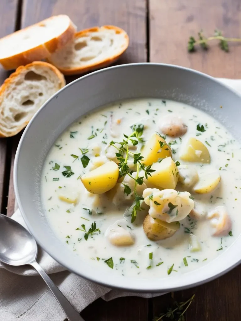 A bowl of creamy clam chowder with potatoes, clams, and fresh herbs like thyme and parsley. The chowder looks comforting and flavorful, with crusty bread rolls on the side for dipping.