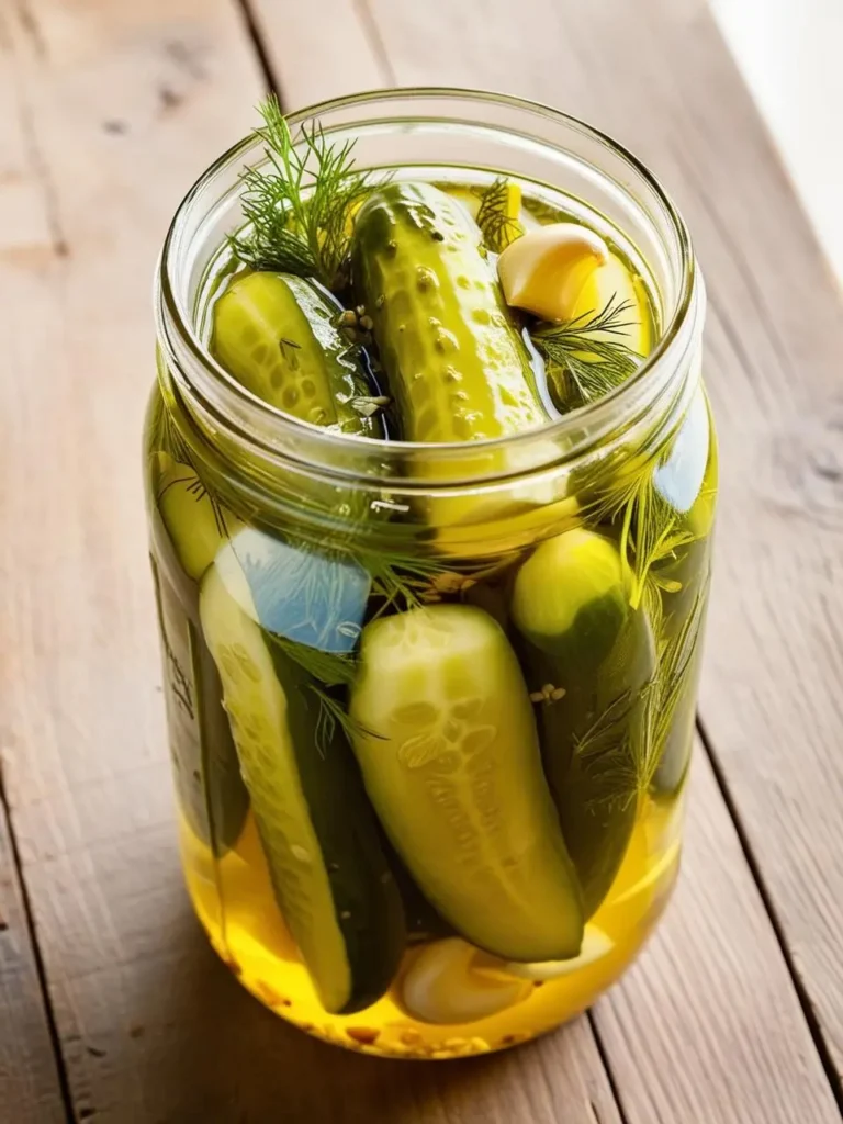 A glass jar filled with dill pickles. The pickles are submerged in a brine solution and garnished with fresh dill sprigs and garlic cloves. The jar is sitting on a wooden table.