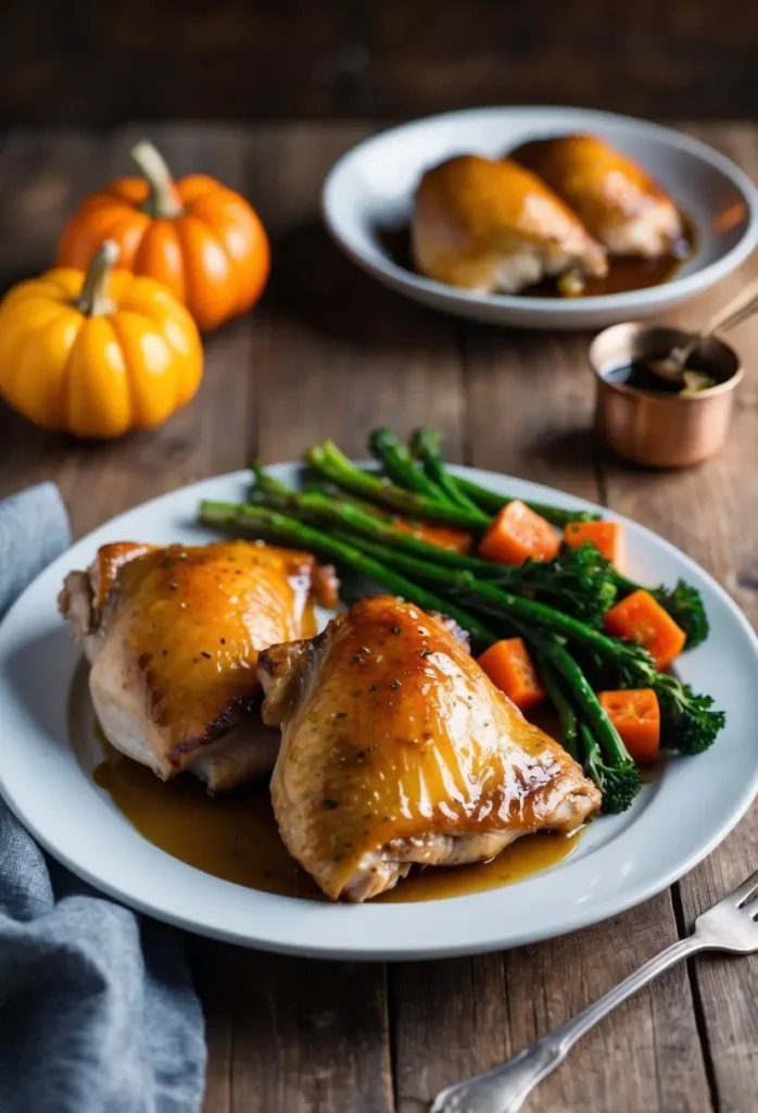 Two roasted turkey thighs with a golden brown crust, served on a white plate with roasted vegetables like asparagus and carrots. Small pumpkins and a copper pot with sauce are in the background.