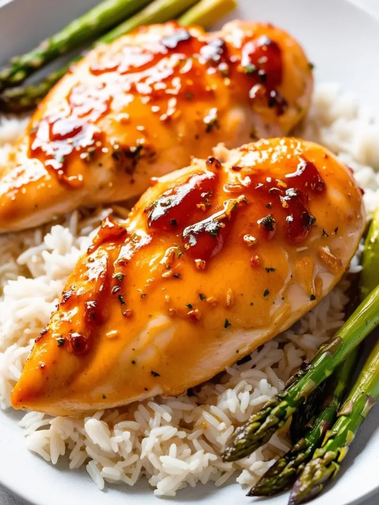 Two golden-brown chicken breasts glazed with a sweet and tangy sauce are served on a bed of white rice with a side of steamed asparagus. The dish looks incredibly appetizing and perfect for a healthy and satisfying meal.