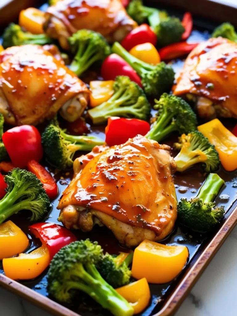 A sheet pan dinner featuring juicy honey-garlic chicken thighs roasted alongside colorful vegetables like broccoli and bell peppers. The dish looks flavorful and perfect for a healthy and easy weeknight meal.