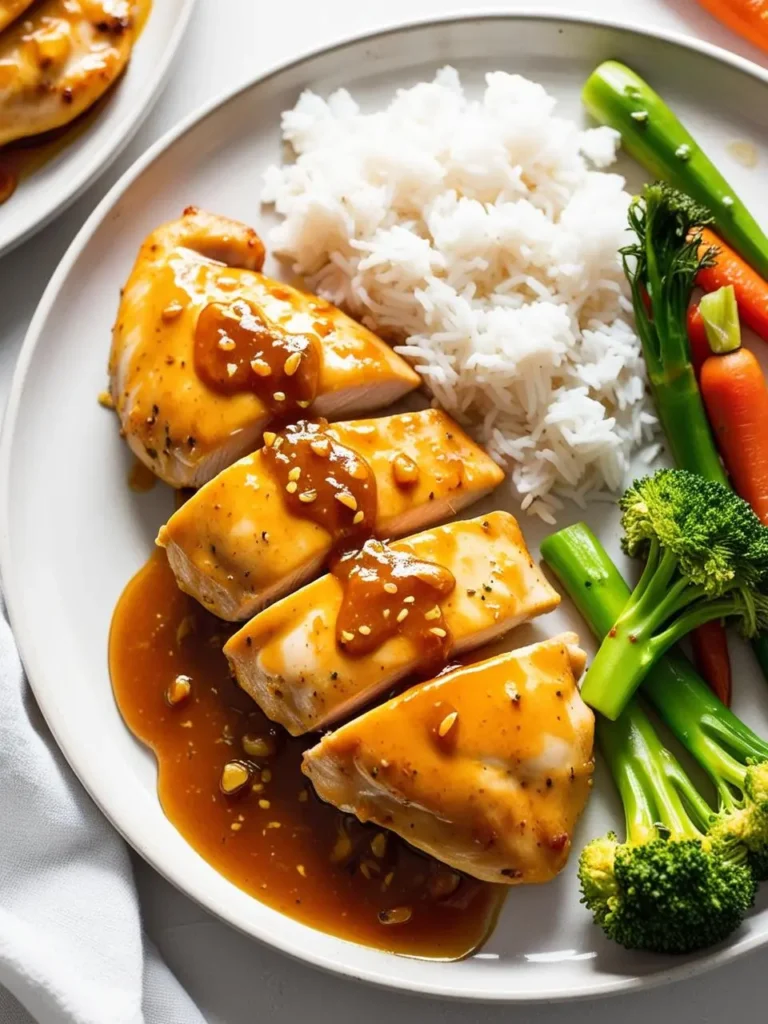 A plate of pan-seared chicken breasts. The chicken is topped with a rich, golden sauce and served alongside a mound of fluffy white rice and a colorful medley of steamed vegetables, including broccoli and carrots. The dish looks delicious and healthy.