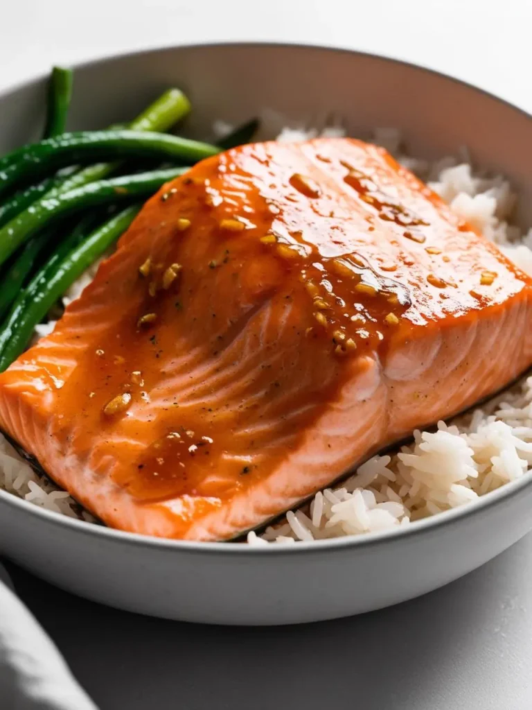 A bowl of pan-seared salmon glazed with a sweet and savory sauce. The salmon is served on a bed of fluffy white rice and accompanied by a side of steamed green beans. The dish looks delicious and healthy.