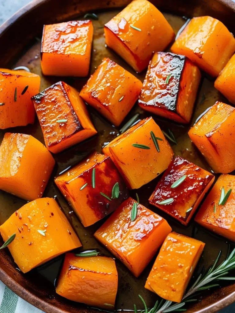 A plate of roasted butternut squash cubes, caramelized and glistening with a honey glaze. The squash is garnished with fresh rosemary sprigs.