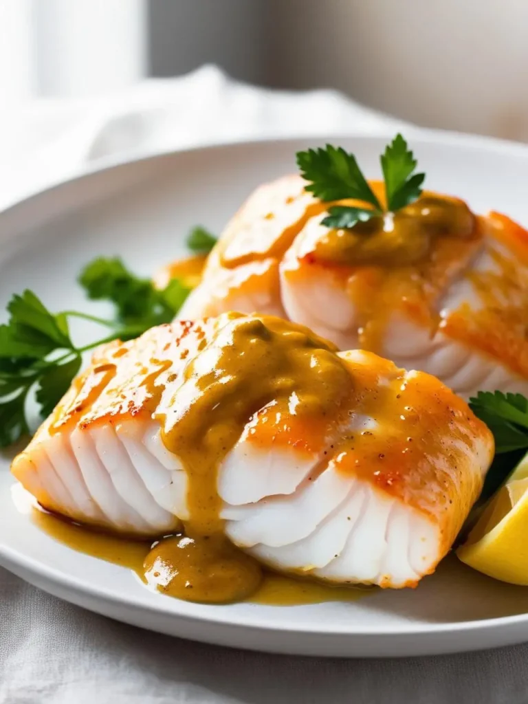 A plate of baked cod fillets topped with a creamy mustard sauce and garnished with fresh parsley and lemon wedges. The fish is flaky and white, and the sauce is rich and flavorful.