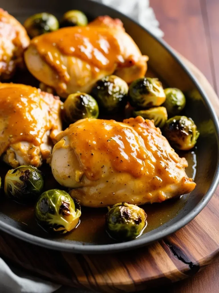 A close-up view of a platter of roasted chicken thighs glazed with a golden brown sauce. The chicken is served alongside roasted Brussels sprouts.