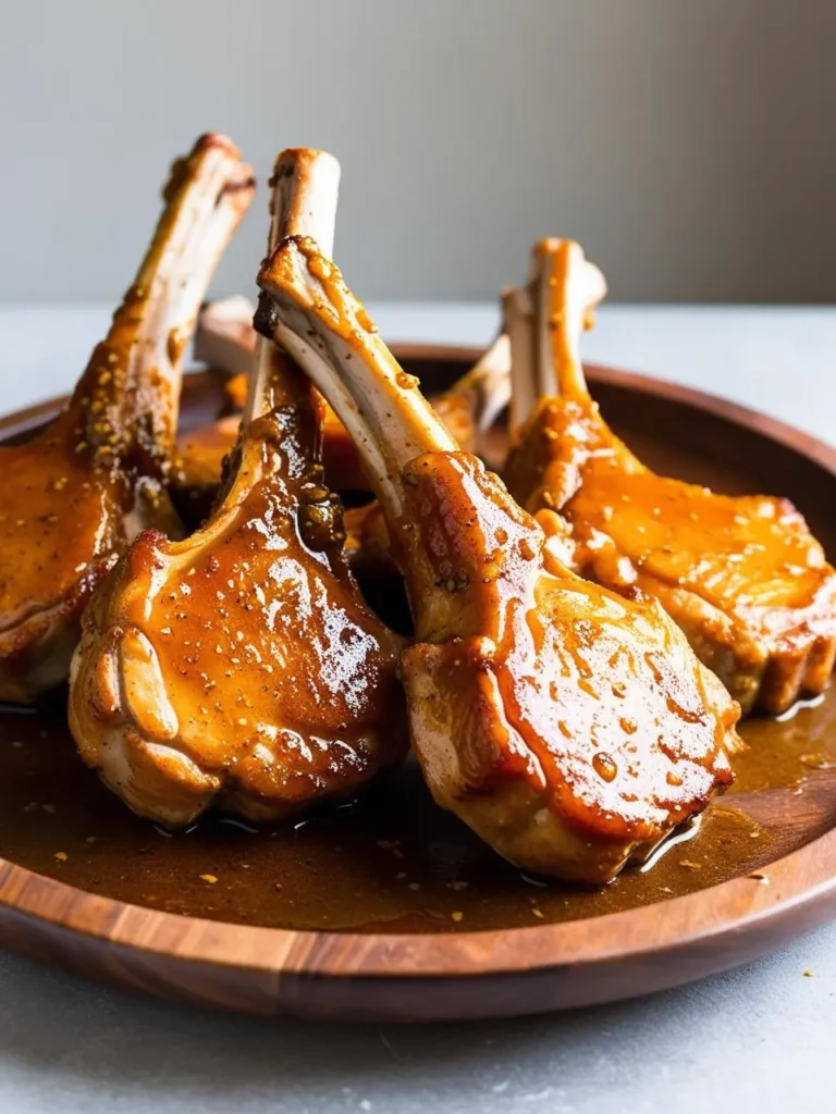 A plate of beautifully glazed lamb chops. The chops are golden brown and glistening with a rich glaze, making them look incredibly appetizing.