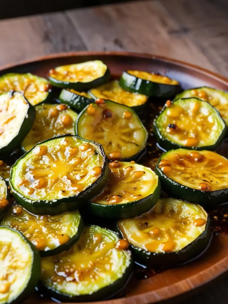 A wooden plate filled with grilled zucchini slices. The zucchini is glazed with a sweet and savory sauce and sprinkled with pine nuts.