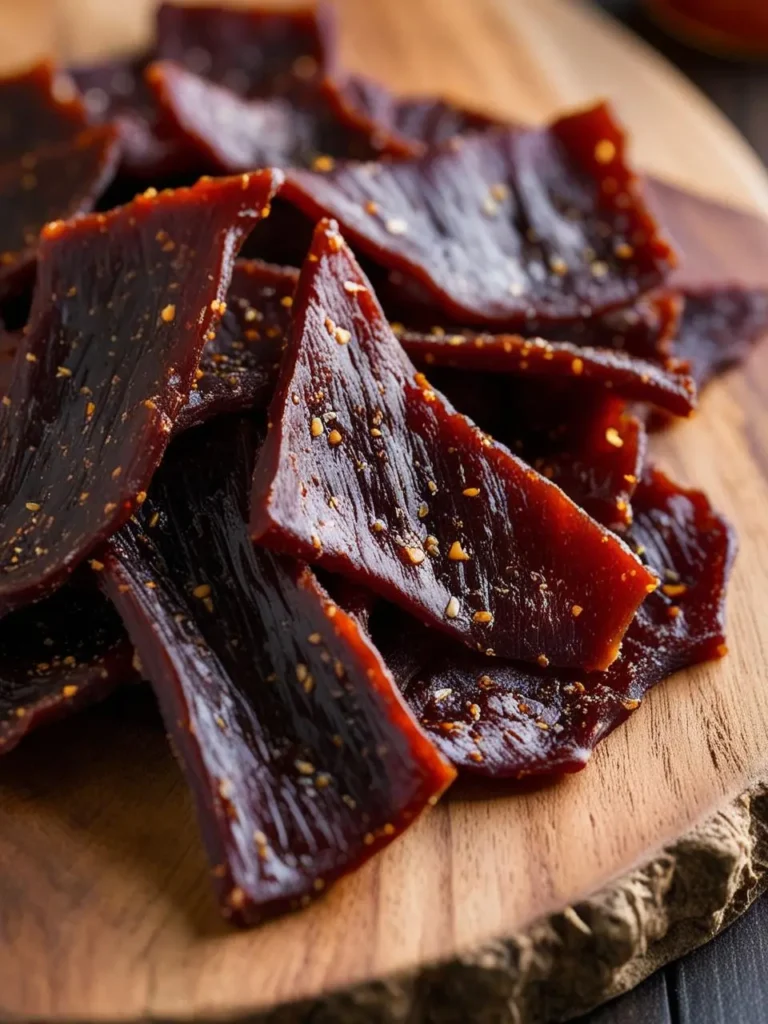 A close-up image of a pile of homemade beef jerky. The jerky is dark brown in color and has a slightly shiny surface. The jerky is arranged on a wooden cutting board, and there are small pieces of herbs and spices scattered around it.