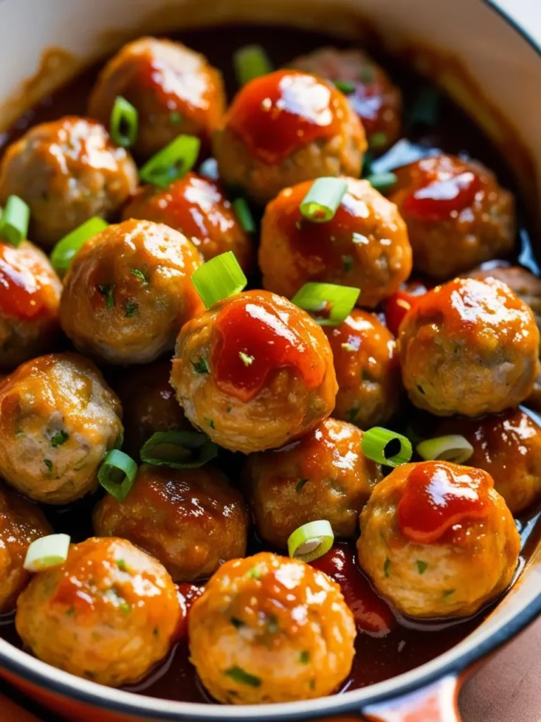 A pan of juicy, golden brown meatballs smothered in a sweet and tangy glaze. The meatballs are garnished with chopped green onions, adding a touch of freshness. The dish looks delicious and perfect for a party or a hearty appetizer.