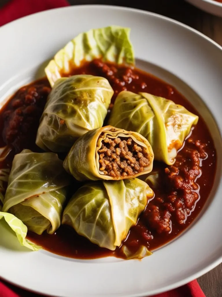 A close-up view of a plate of cabbage rolls. The rolls are filled with a savory meat mixture and simmered in a rich tomato sauce. A cabbage leaf is placed underneath the rolls for presentation.