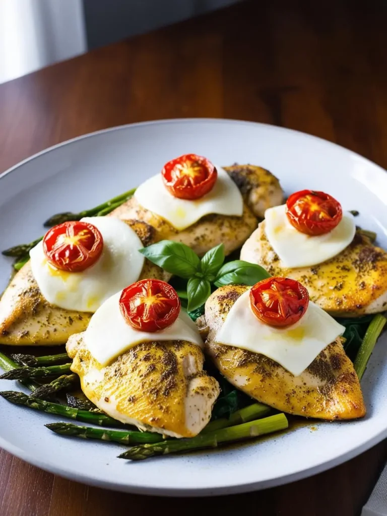 Five golden-brown chicken breasts are topped with mozzarella cheese and cherry tomatoes. They are arranged on a bed of asparagus spears and spinach, making a delicious and healthy meal.