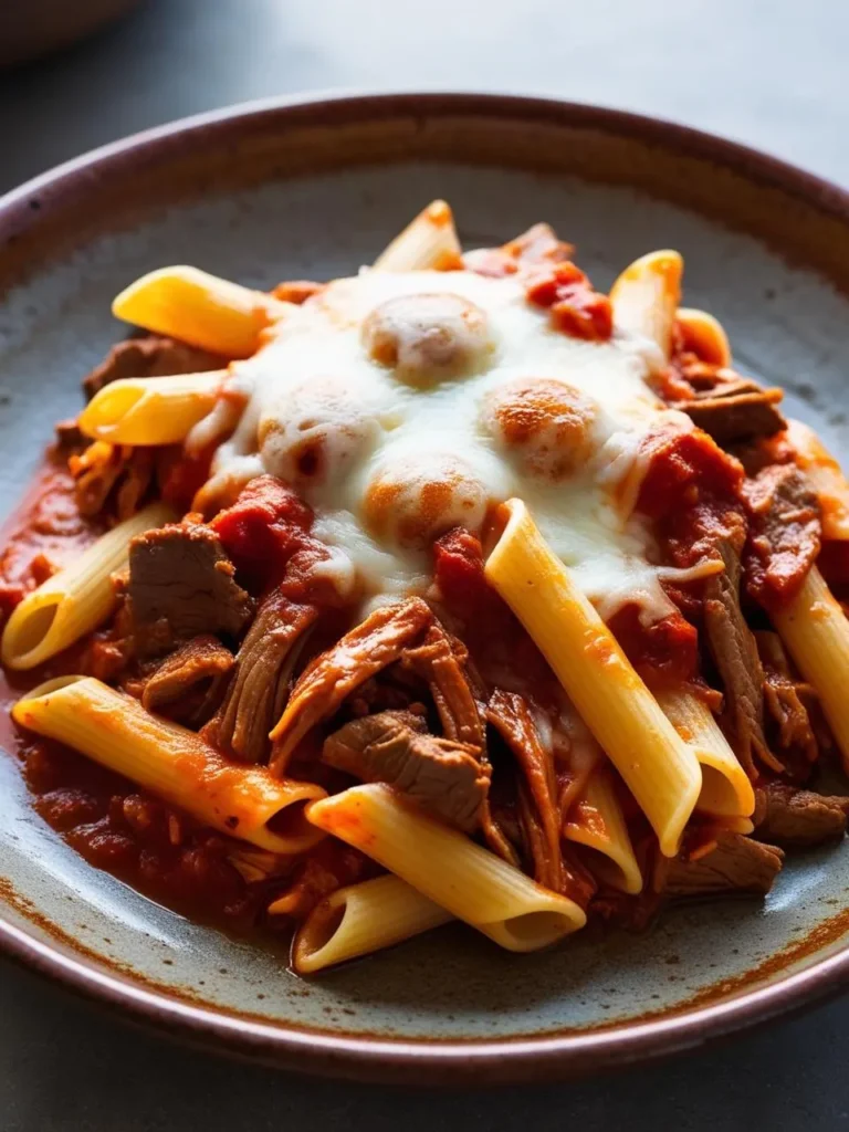 A plate of hearty baked mostaccioli. The dish features penne pasta coated in a rich tomato sauce, topped with shredded beef and melted mozzarella cheese. It looks like a comforting and satisfying meal.