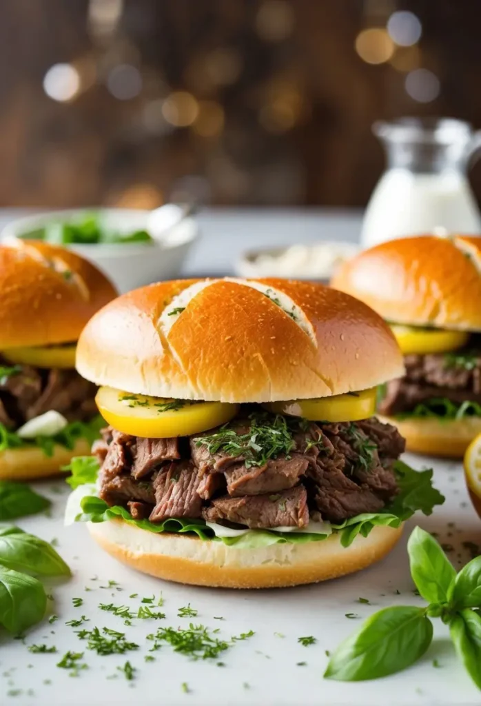 A mouthwatering Italian beef sandwich surrounded by fresh ingredients and a sprinkle of Italian herbs