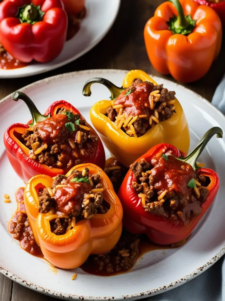 A plate of colorful stuffed bell peppers. Each pepper is filled with a savory mixture of ground meat, rice, and tomato sauce, then topped with additional sauce. The peppers look hearty and delicious.