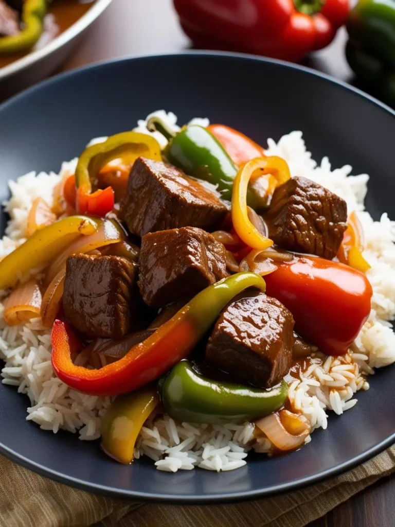 A plate of savory Beef Pepper Steak. Tender cubes of beef are cooked with bell peppers and onions in a rich, savory sauce and served over a bed of fluffy white rice. The dish looks flavorful and satisfying.