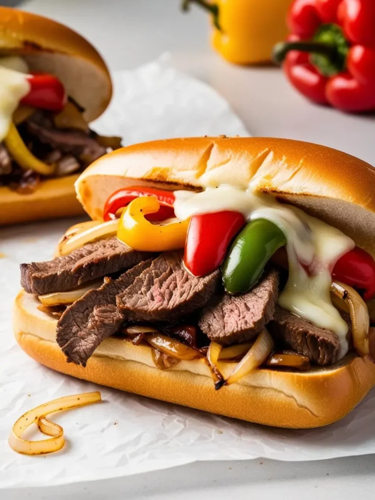 A cheesesteak sandwich with thinly sliced steak, melted cheese, and sautéed peppers and onions on a toasted roll. The sandwich looks incredibly appetizing and perfect for a satisfying meal.