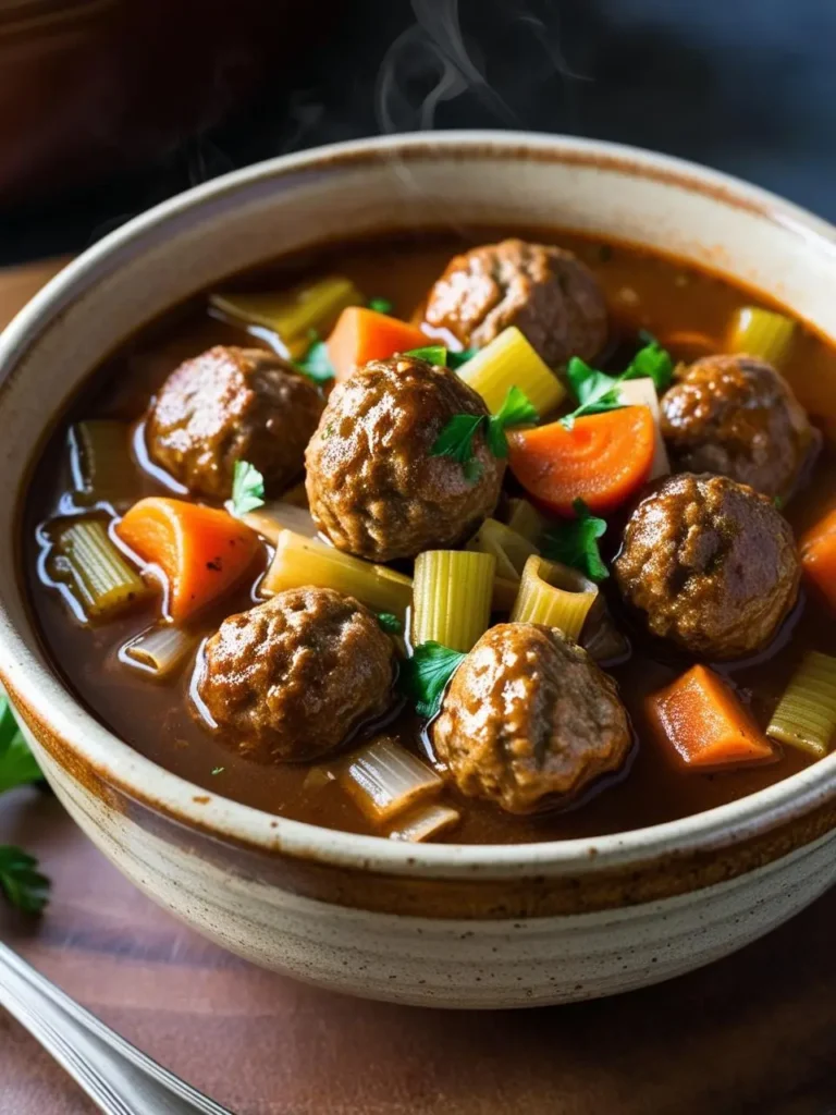 A steaming bowl of hearty meatball soup. The soup is filled with tender meatballs, carrots, celery, and pasta. The bowl is placed on a wooden table, next to a silver spoon. The soup looks warm, comforting, and perfect for a cold day.