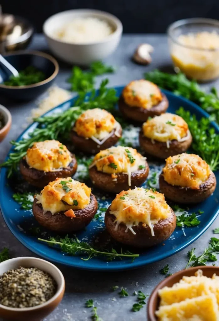 A platter of golden-brown stuffed mushrooms. Each mushroom cap is filled with a creamy, cheesy filling and sprinkled with fresh herbs. The image also shows bowls of ingredients like grated cheese, breadcrumbs, and chopped herbs, suggesting the process of making these delicious appetizers.