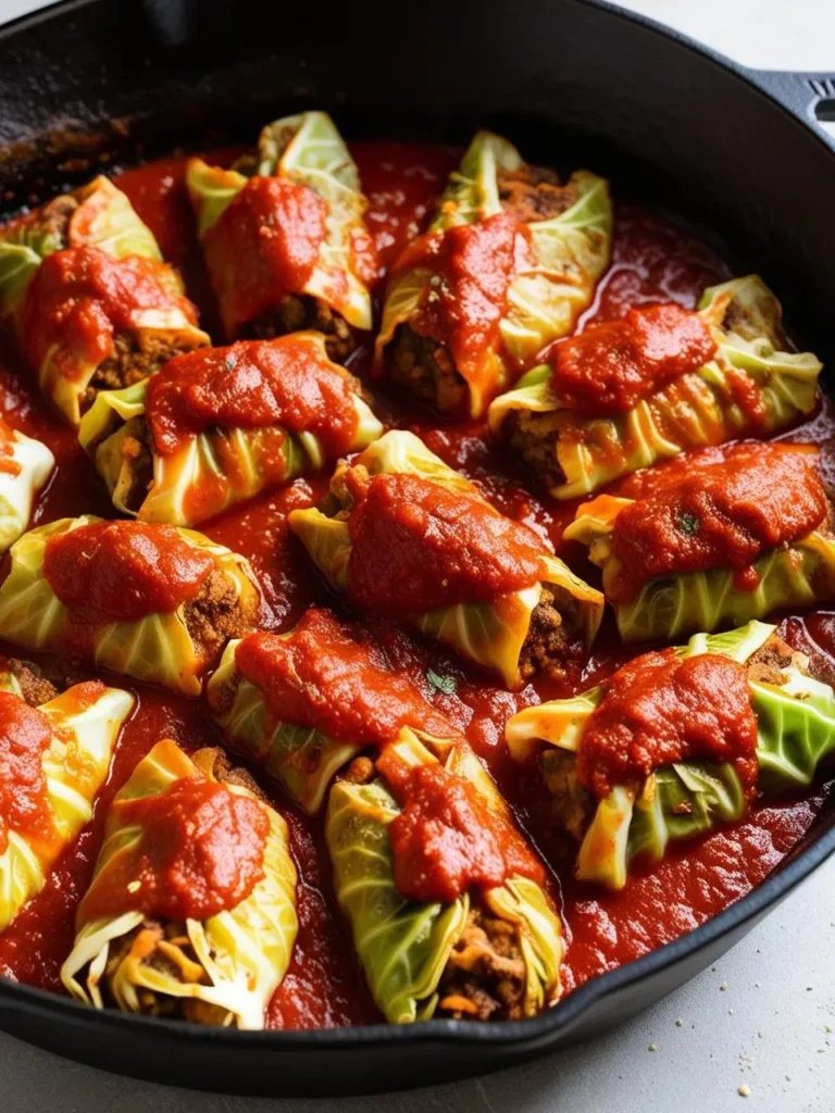 A close-up view of a cast iron skillet filled with savory cabbage rolls. The rolls are nestled in a rich tomato sauce and ready to be served.