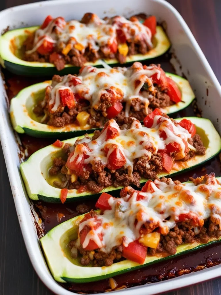 A baking dish filled with stuffed zucchini boats. The zucchini halves are filled with a savory mixture of ground beef, tomatoes, corn, and melted cheese.