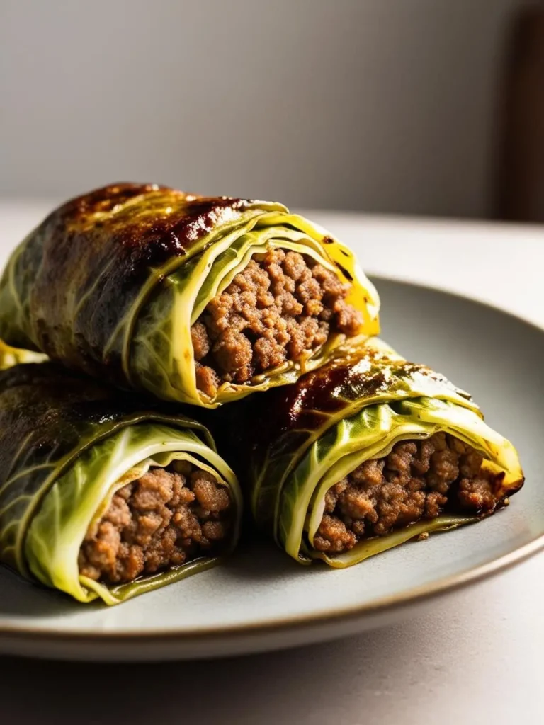 A close-up view of three golden brown cabbage rolls on a gray plate. The rolls are filled with a savory ground meat mixture and have a slightly charred exterior.