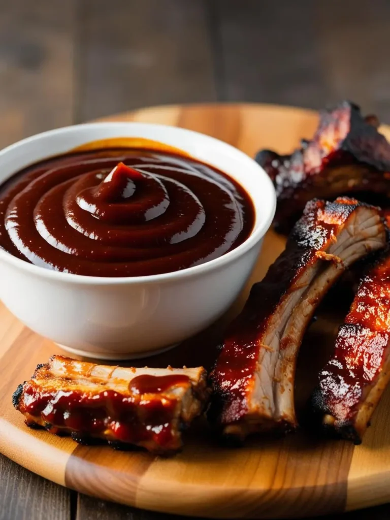 A bowl of thick, homemade barbecue sauce sits alongside a platter of fall-off-the-bone ribs. The ribs are glazed with the sauce and look incredibly tender and flavorful. It's a classic summer barbecue scene.