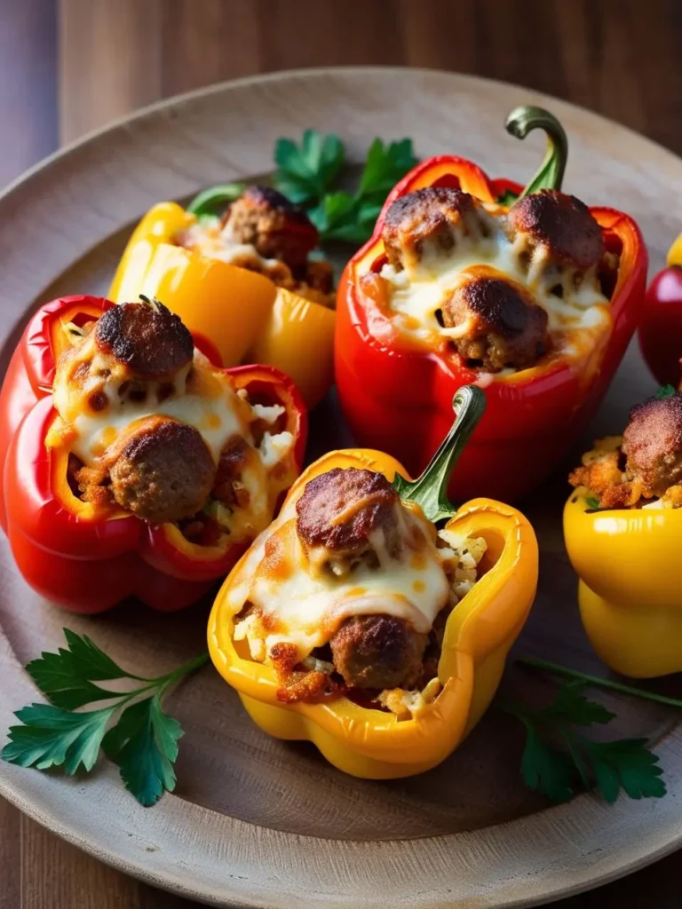 A plate of colorful stuffed peppers filled with a savory mixture of rice, ground meat, and melted cheese. The peppers are red and yellow, and the dish is garnished with fresh parsley. The stuffed peppers look delicious and inviting.