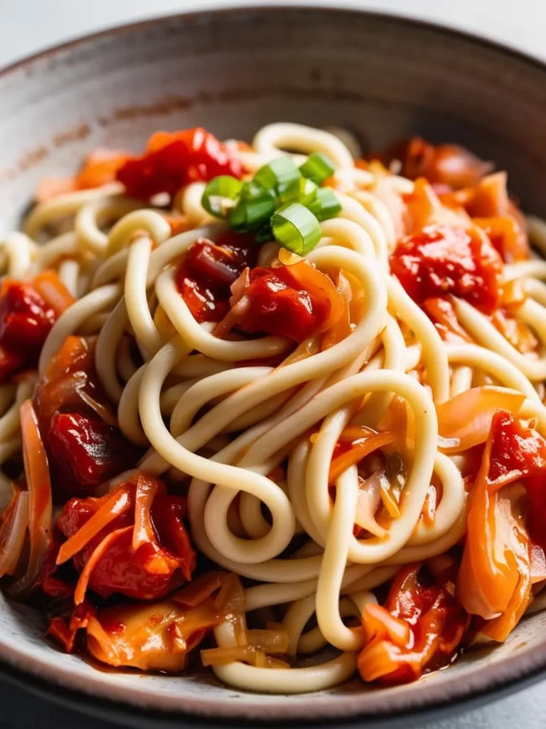 A bowl of udon noodles tossed in a vibrant tomato-based sauce. The sauce is rich and flavorful, with chunks of tomato and vegetables adding texture and color. The dish is garnished with chopped green onions, adding a fresh touch.