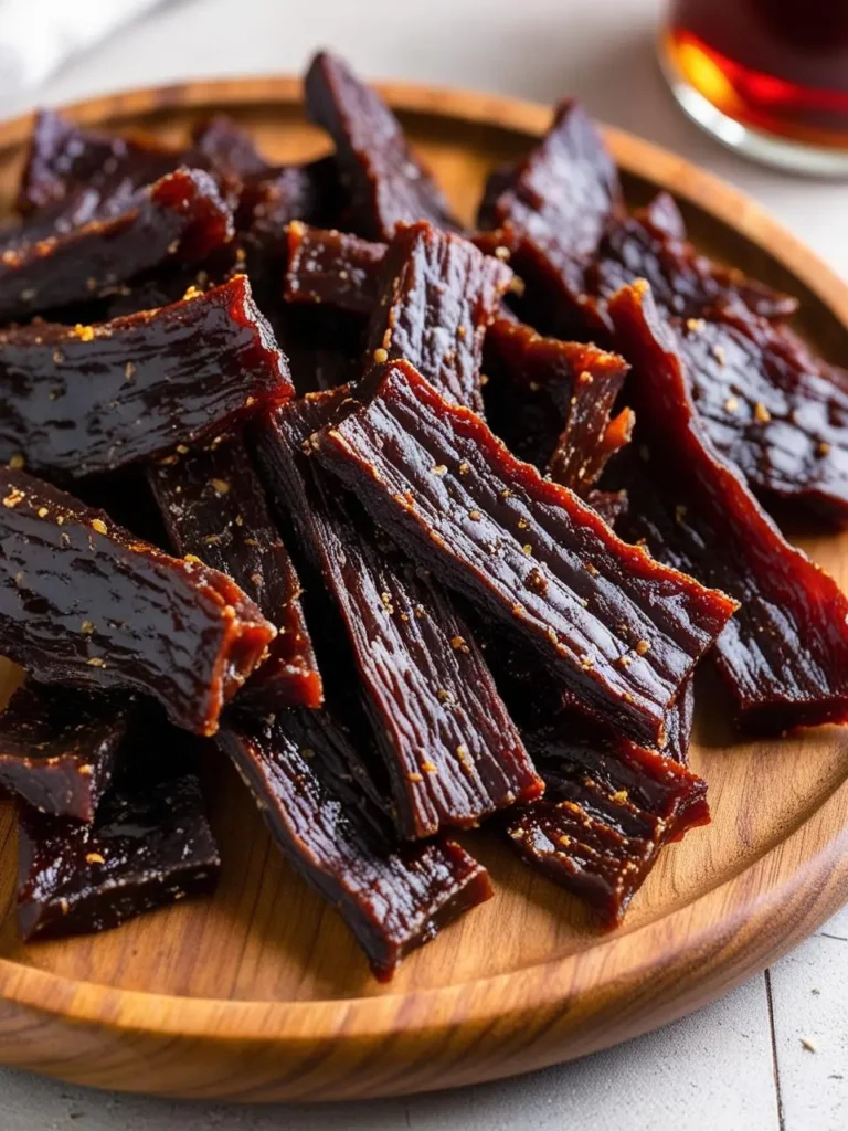 A close-up image of a wooden plate filled with homemade beef jerky. The jerky is dark brown in color and has a shiny, slightly oily surface. There are small pieces of herbs and spices visible on the jerky.