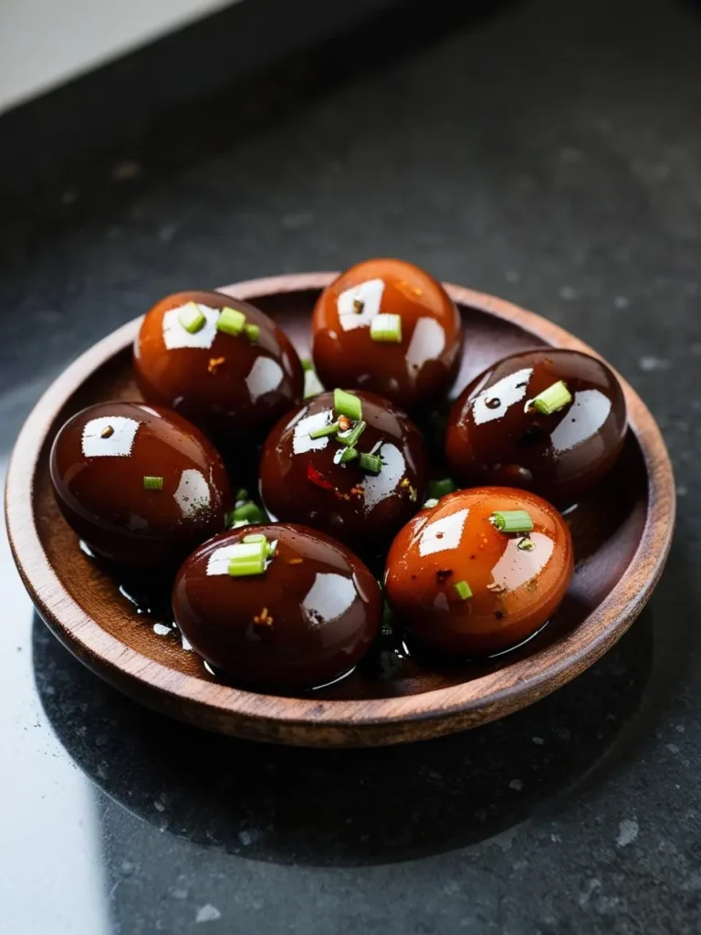 A plate of tea eggs, a popular Chinese snack. The eggs have a dark brown, glossy exterior from being simmered in a tea-based brine. They are garnished with chopped green onions.