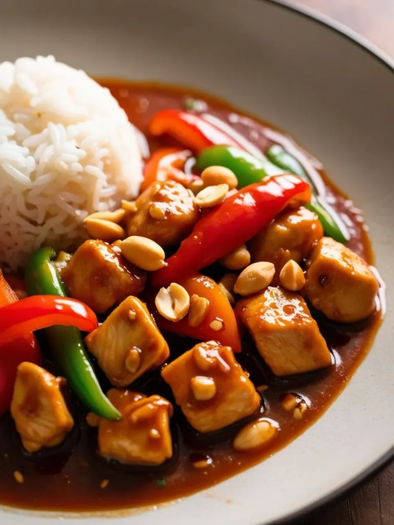 A plate of Kung Pao Chicken with a side of white rice. The chicken is coated in a rich, savory sauce and sprinkled with peanuts. The dish looks flavorful and satisfying.