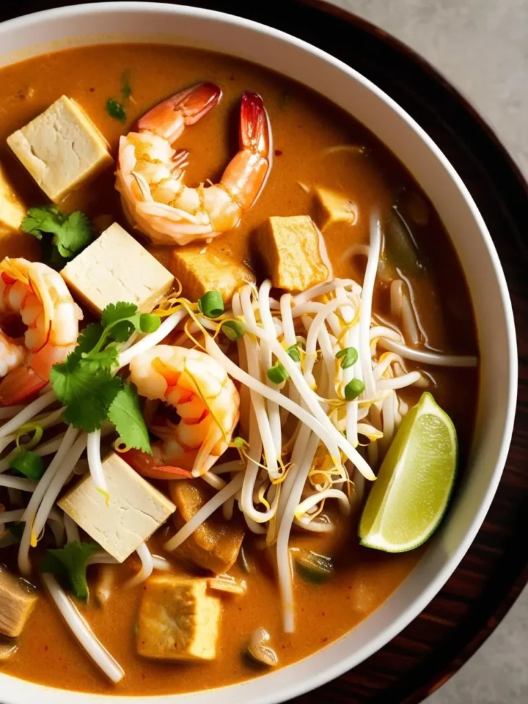 A bowl of steaming Tom Yum soup. The broth is a vibrant orange color, filled with shrimp, tofu, bean sprouts, and garnished with fresh cilantro and a lime wedge. The soup looks flavorful and comforting.