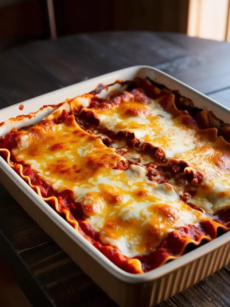 A golden-brown lasagna casserole, freshly baked and resting on a wooden table. The lasagna is layered with pasta, meat sauce, and melted cheese, and looks incredibly appetizing. The dish is ready to be served and enjoyed.