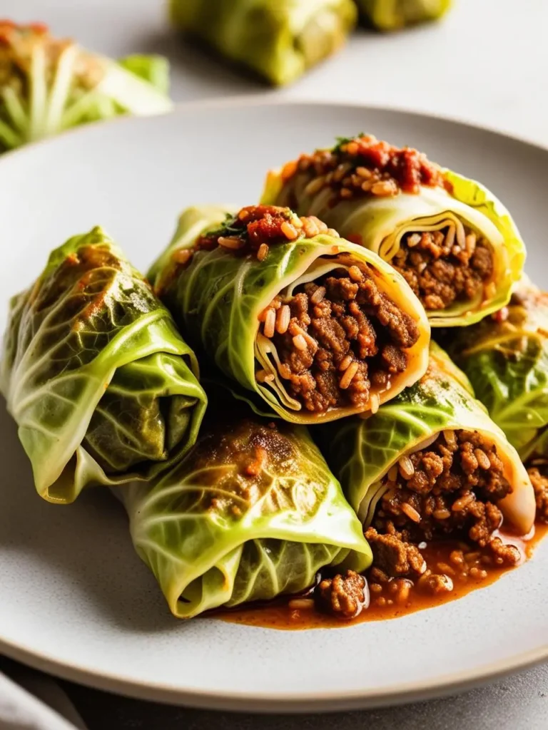 A close-up view of a plate of homemade cabbage rolls. The rolls are filled with a savory ground beef and rice mixture and topped with a rich tomato sauce.