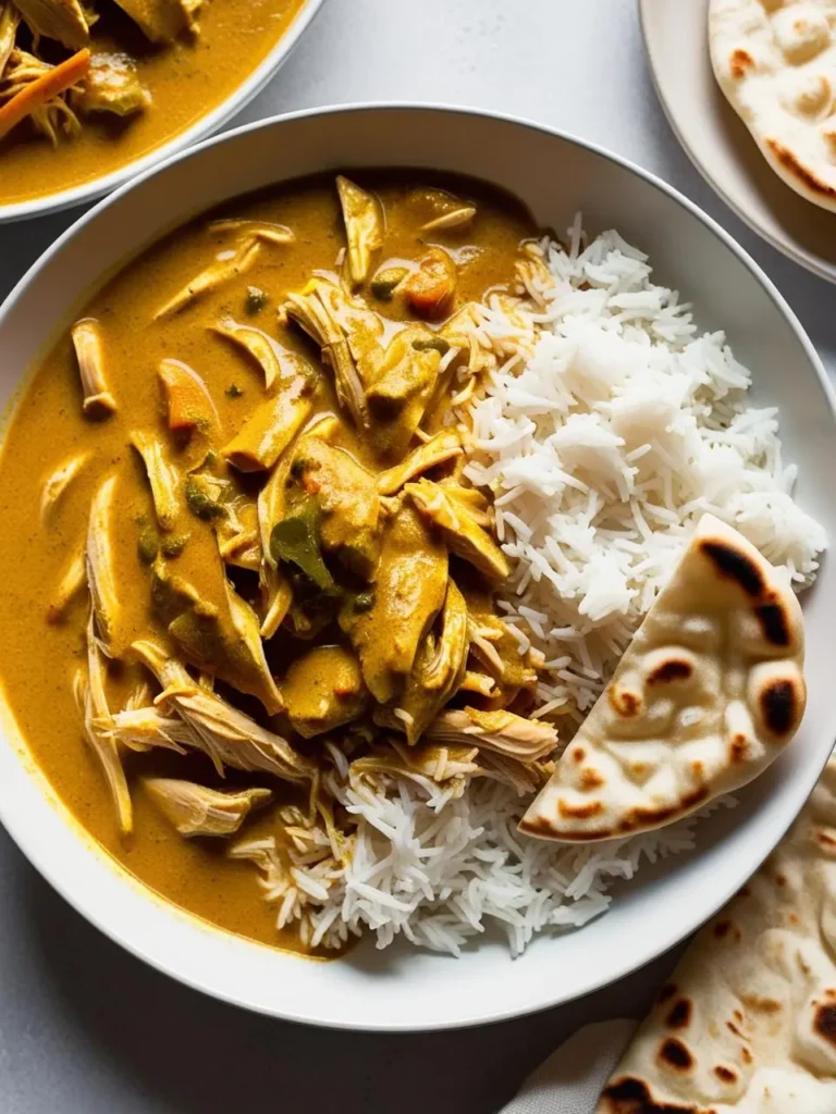 A bowl of creamy chicken curry served with a side of fluffy white rice and a piece of naan bread. The curry is rich and flavorful, with tender chicken and vegetables simmered in a fragrant sauce.