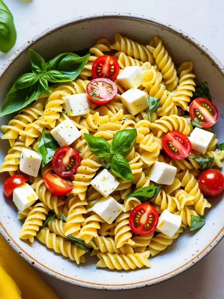 A vibrant pasta salad with rotini pasta, cherry tomatoes, crumbled feta cheese, and fresh basil leaves. The salad looks light, refreshing, and perfect for a summer meal.