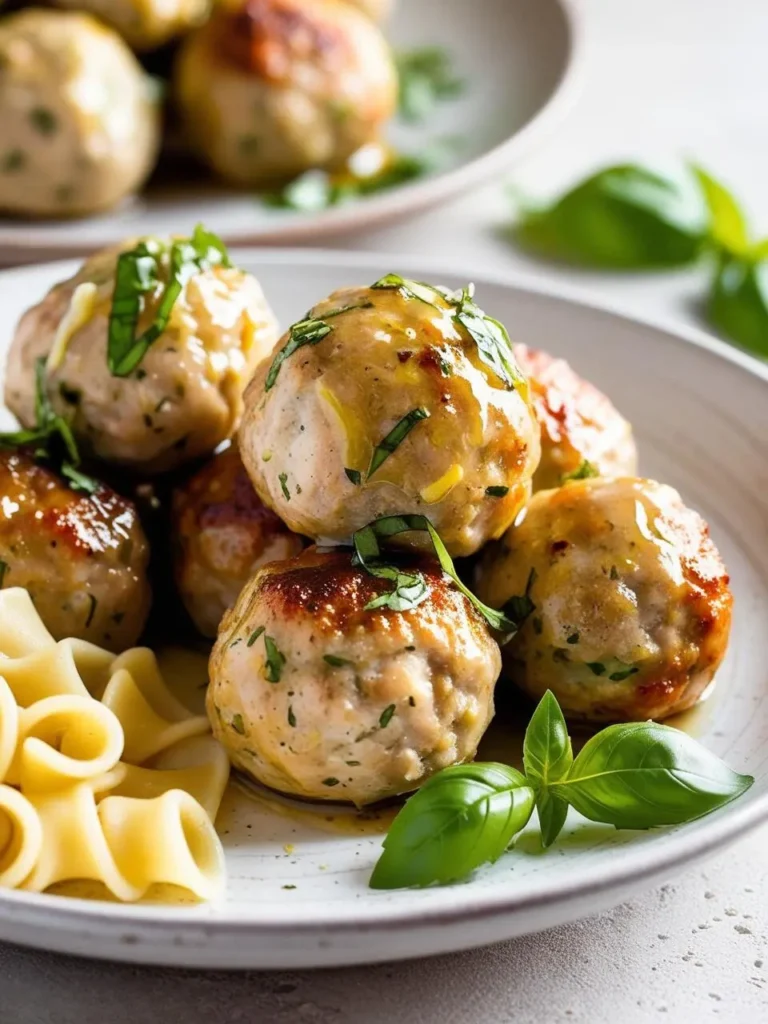 A plate of golden brown turkey meatballs. The meatballs are juicy and tender, and they're served with a side of marinara sauce for dipping. The dish looks delicious and perfect for a party or a hearty appetizer.