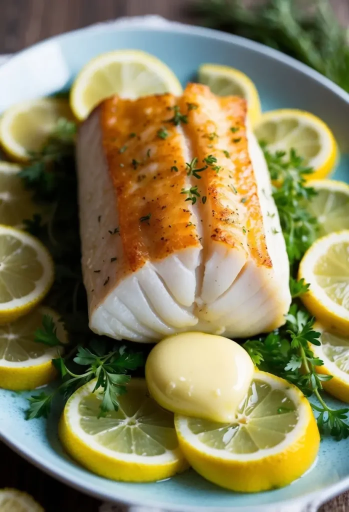 A golden-brown cod fillet sits on a bed of lemon slices, surrounded by fresh herbs and a dollop of melted butter