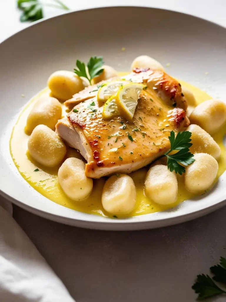 A plate of lemon garlic chicken with gnocchi. The chicken is golden brown and crispy, and the gnocchi are soft and pillowy. The dish is served with a creamy lemon garlic sauce and garnished with fresh parsley and lemon slices. It looks delicious and inviting.