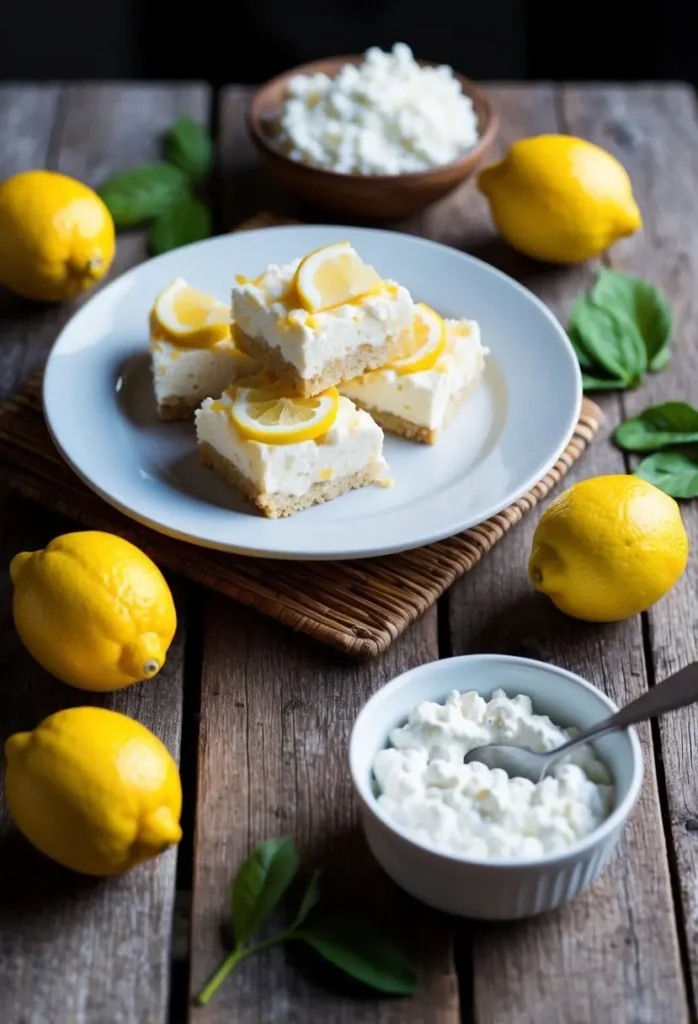 A rustic kitchen scene with a wooden table holding a plate of lemon cottage cheese bars surrounded by fresh lemons and a bowl of cottage cheese