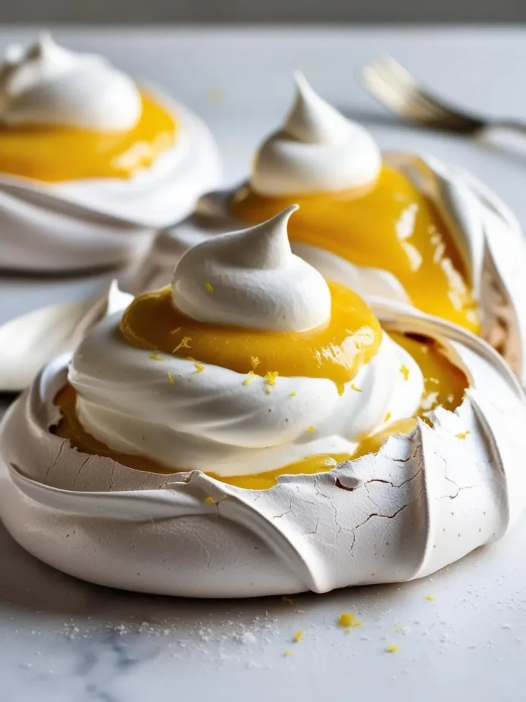 Three pavlovas with a lemon curd filling and whipped cream on a marble surface. The meringue is crisp and the lemon curd filling is bright yellow and looks tangy and delicious. The image looks incredibly appetizing and perfect for a light and refreshing dessert.