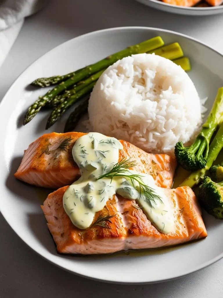 A plate of pan-seared salmon. The salmon fillets are cooked to a beautiful golden brown and topped with a creamy dill sauce. The plate is also filled with fluffy white rice and a side of steamed asparagus and broccoli, creating a healthy and balanced meal.