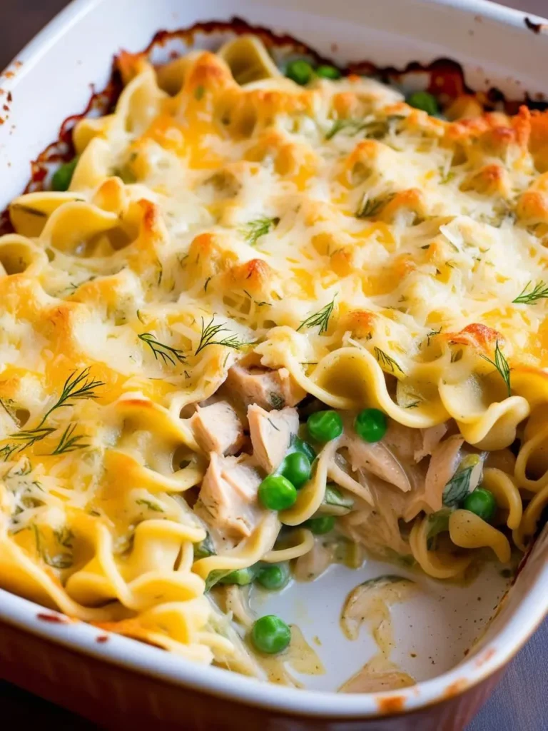 A close-up view of a creamy tuna noodle casserole in a white ceramic baking dish. The casserole is topped with melted cheese, peas, and noodles, and a scoop has been taken out to reveal the creamy filling.