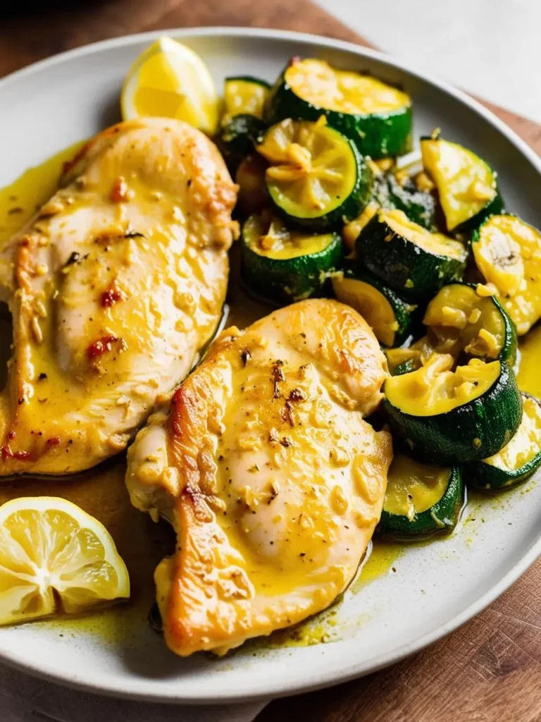 Two juicy chicken breasts are served on a plate with a side of sauteed zucchini. The chicken is coated in a golden brown sauce, and the zucchini is seasoned with garlic and herbs. Lemon wedges are placed around the plate, adding a touch of freshness. The dish looks incredibly appetizing and perfect for a healthy and satisfying meal.