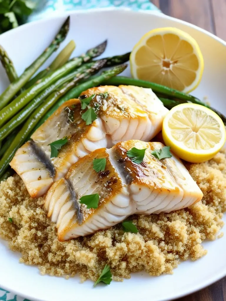 A plate of pan-seared Chilean sea bass fillets, perfectly cooked and glistening. The fish is served on a bed of fluffy quinoa and accompanied by roasted asparagus and lemon wedges. The dish looks light, healthy, and incredibly flavorful.